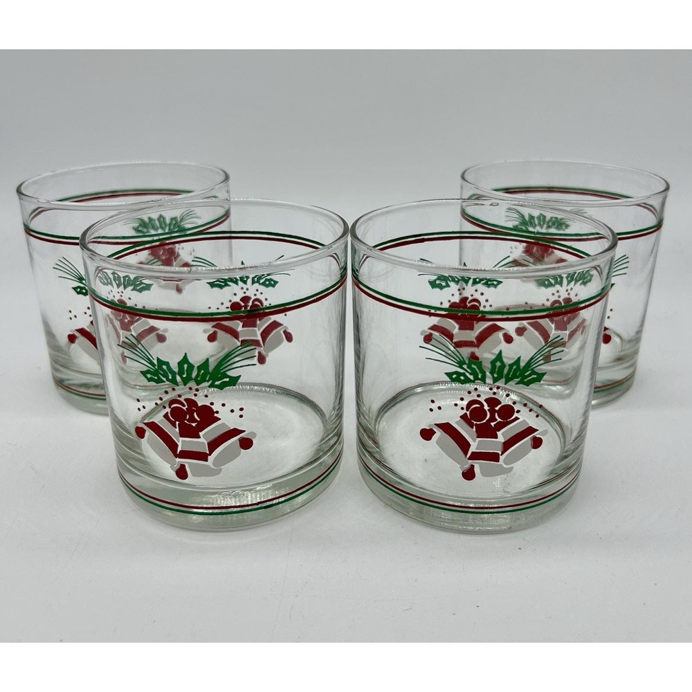 Vintage 4 Christmas Tumbler Glasses Bells Rocks Lowball White Red Green Xmas EX